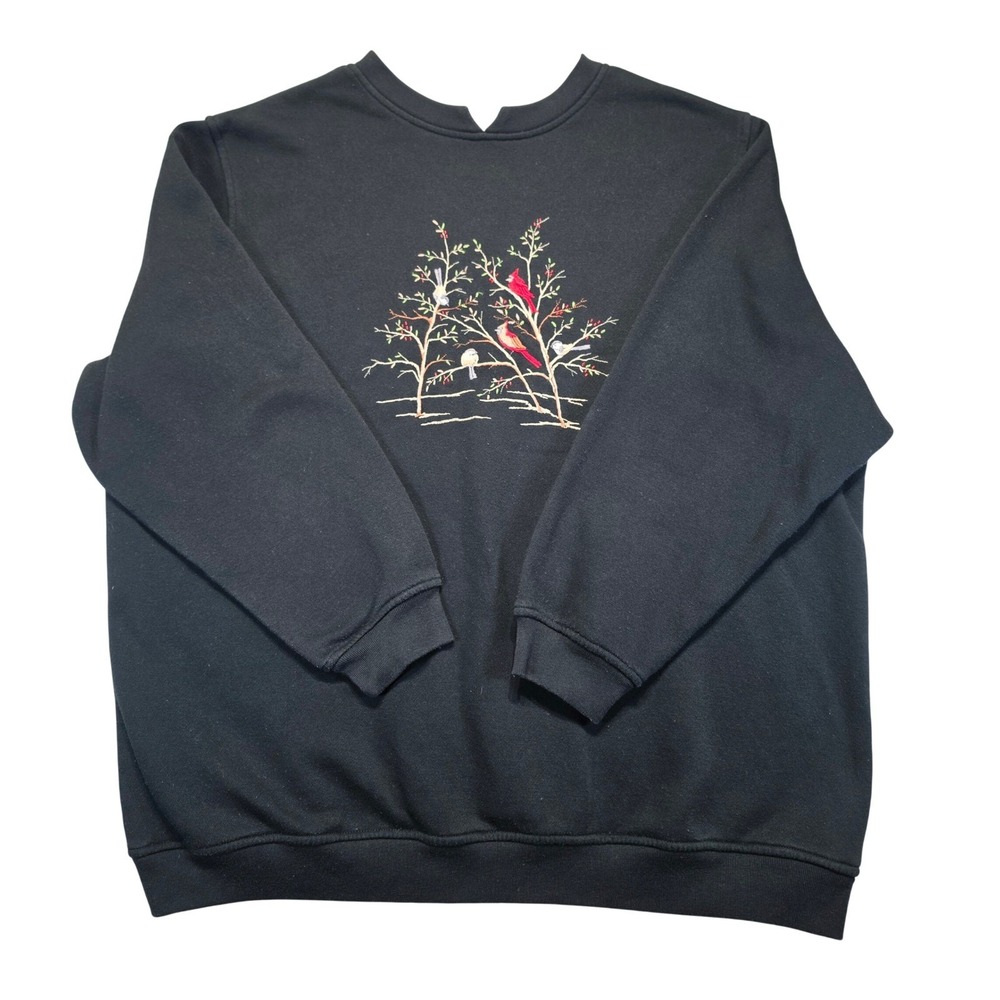 Links Vintage Black Embroidered Bird Sweatshirt Cardinals Chickadees 2X